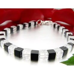 Armband aus Onyx & Bergkristall & 925 Silber, schwarz weiß, Würfel