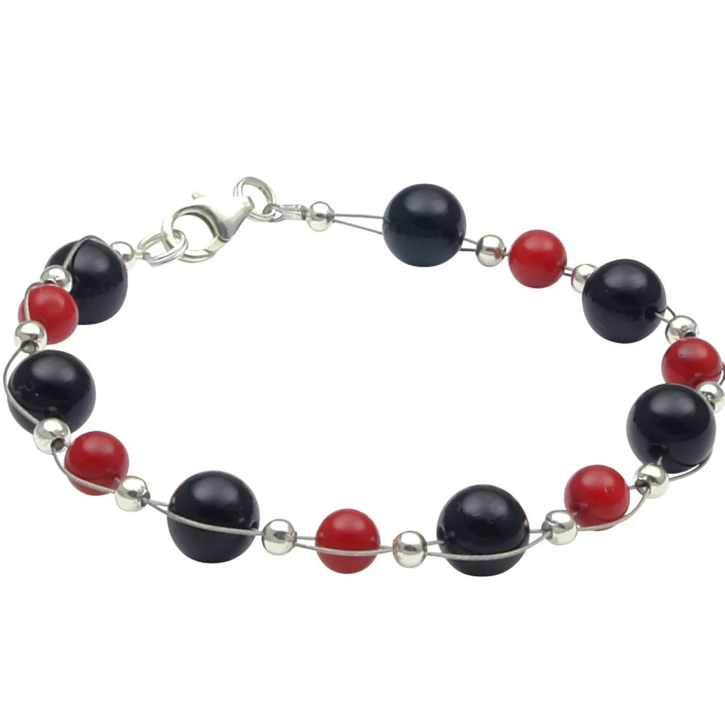 Armband aus Onyx & Koralle, schwarz-rot Armkette Armschmuck für Damen