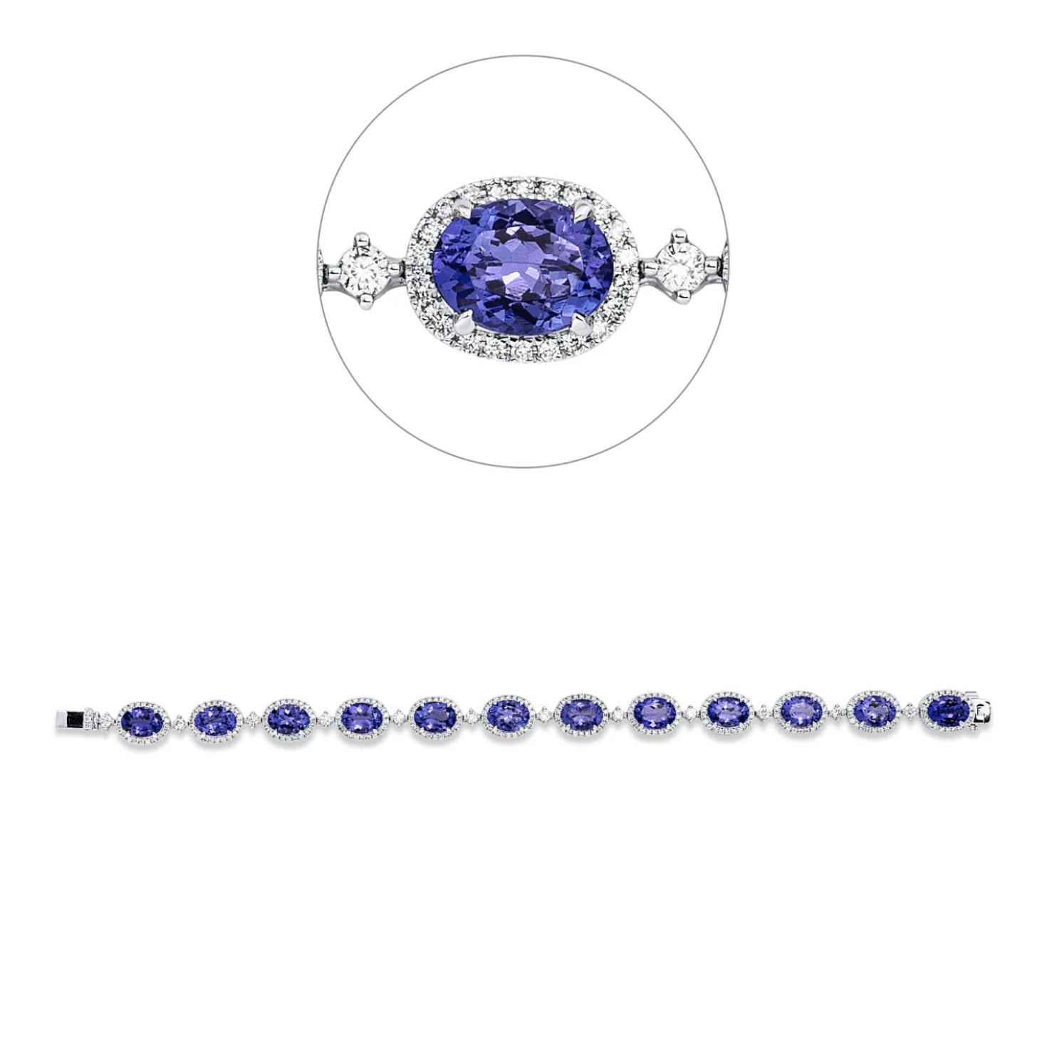 Armband aus 750 Weißgold 12 Tansanite 15,3ct blau 279 Diamanten 1,7ct TW-SI