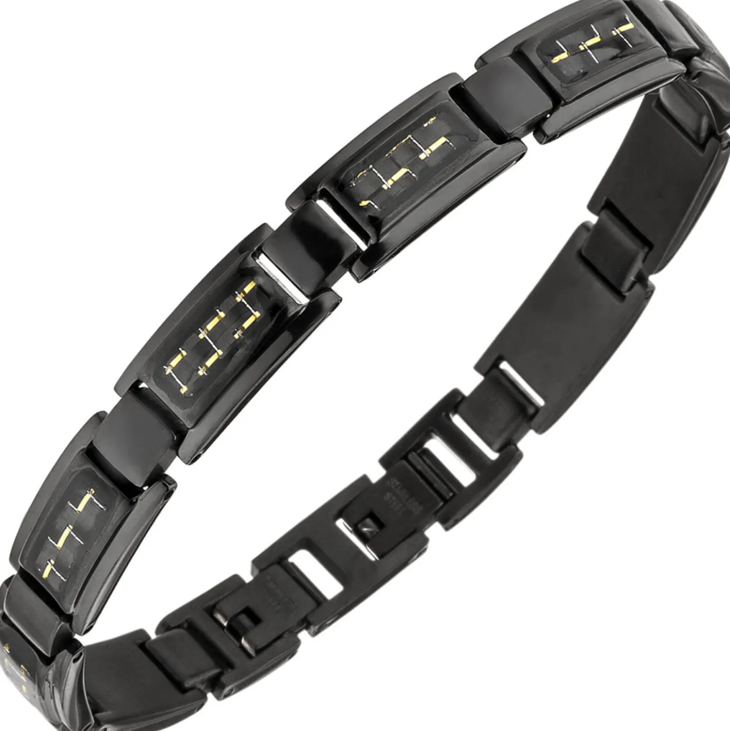 Armband, Edelstahl schwarz lackiert Carbon-Einlagen goldfarbene Striche, 21-22cm