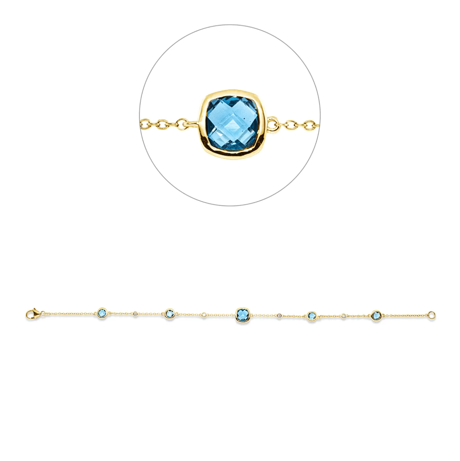Armband 750 Gelbgold 5 Topase 3,31ct blau 4 Brillanten 0,06ct TW-SI B:7,2mm L:19cm