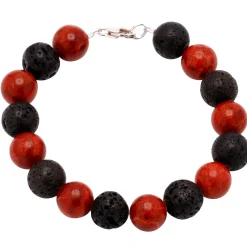 Armband Koralle Schaumkoralle & Lava & 925 Silber, Kugel rot-schwarz Armschmuck