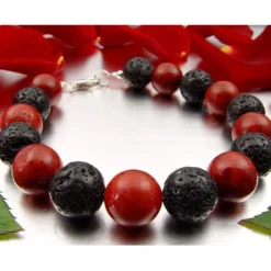 Armband Koralle Schaumkoralle & Lava & 925 Silber, Kugel rot-schwarz Armschmuck