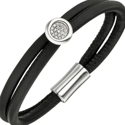 Armband 2-reihig mit 19 Brillanten 0.13Ct W/SI Leder schwarz 585 Gold Weißgold