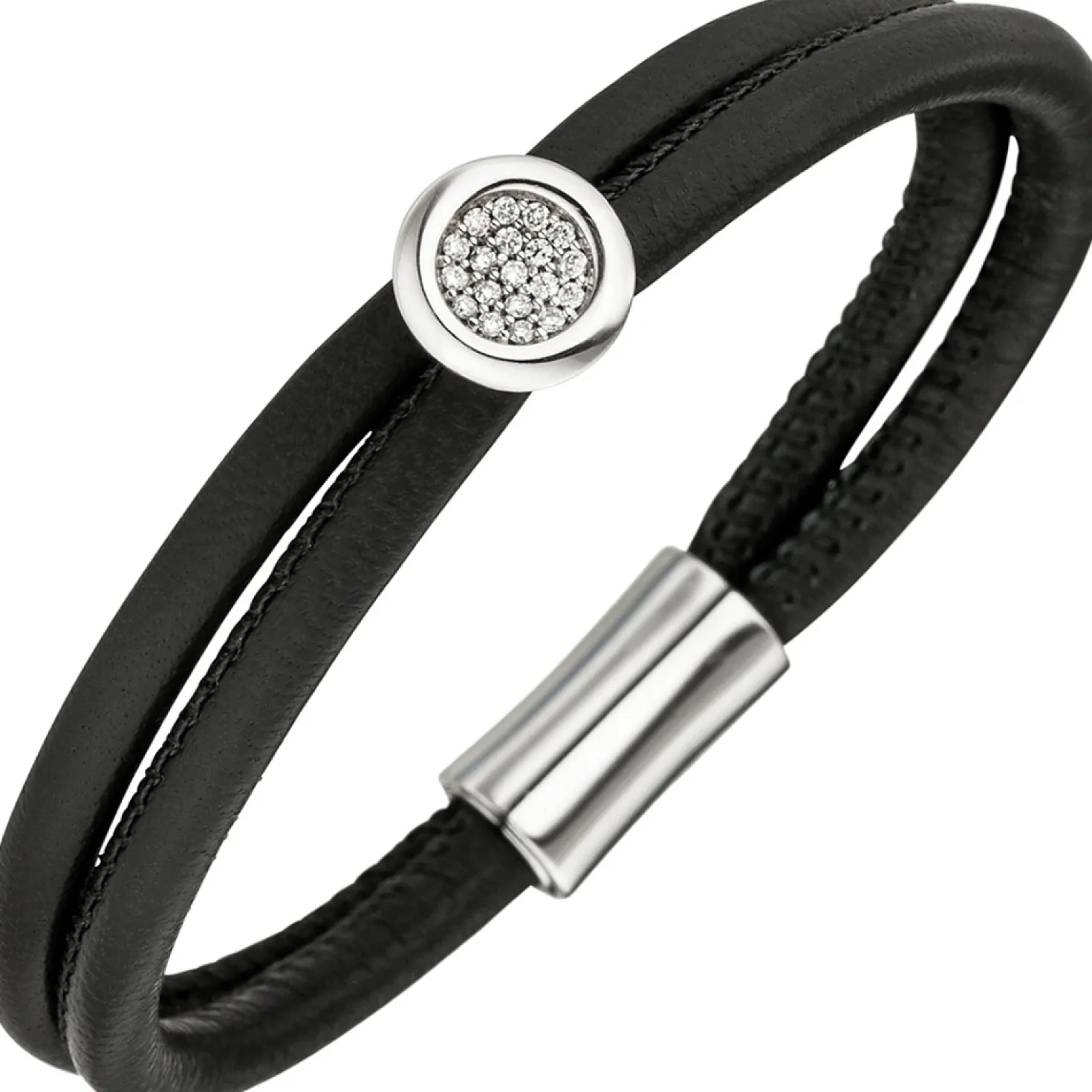 Armband 2-reihig mit 19 Brillanten 0.13Ct W/SI Leder schwarz 585 Gold Weißgold