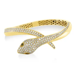 Armreif Schlange aus 750 Gelbgold 2 Tsavorithe 0,06ct grün mit Brillanten 47x57mm