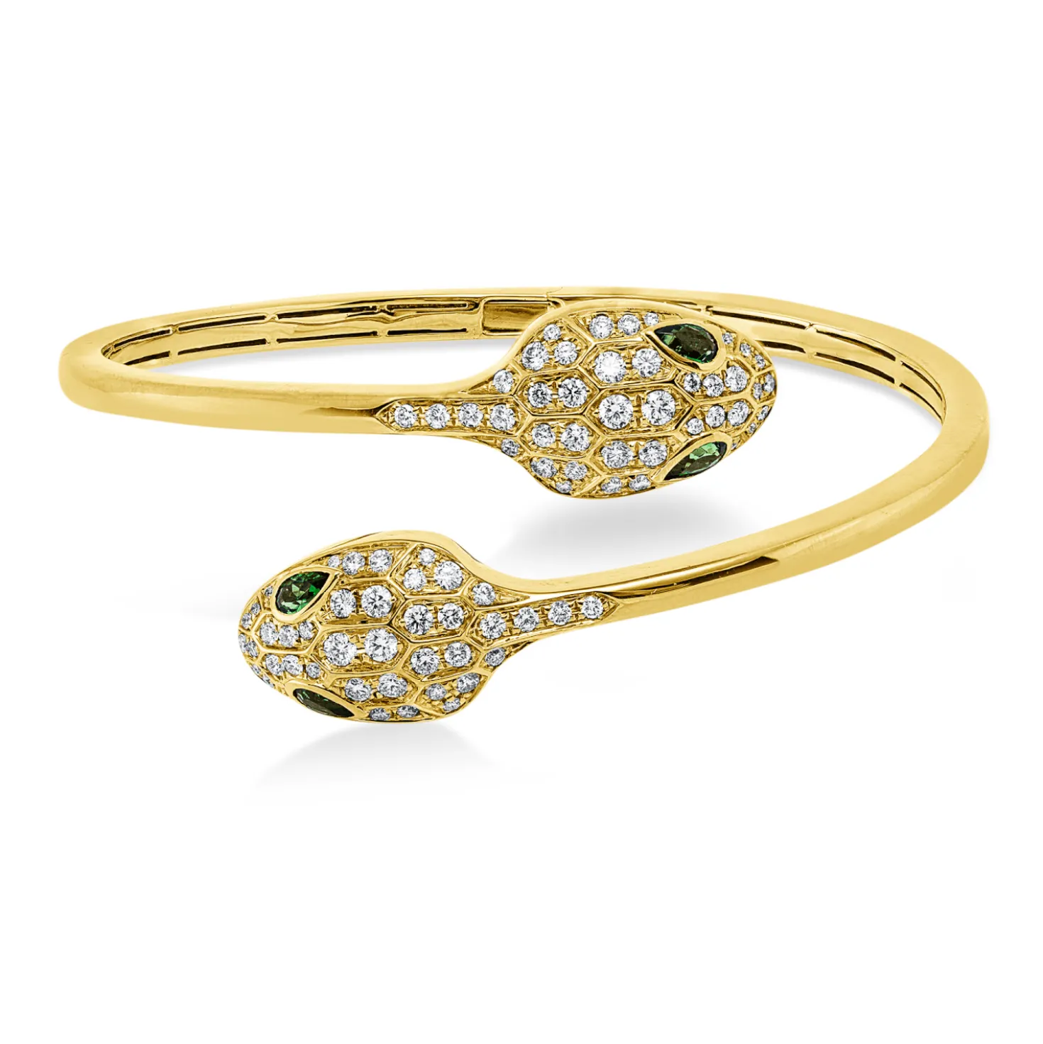 Armreif Schlange 750 Gelbgold 4 Tsavorithe 0,78ct grün 84 Brillanten 1,1ct 47x56mm