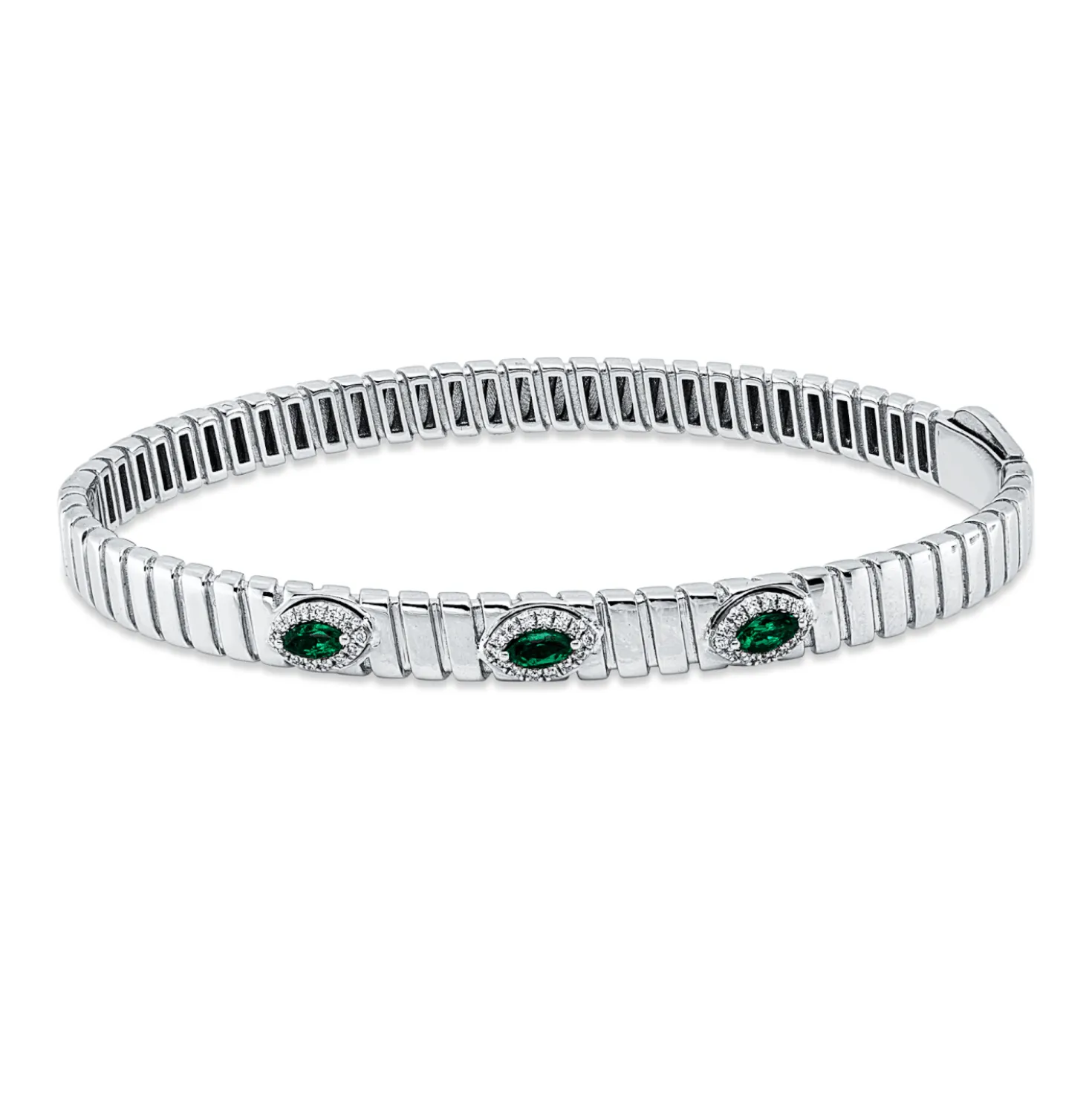 Armreif 750 Weißgold 3 Smaragde 0,26ct grün 42 Brillanten 0,09ct F-VSI 45x57mm