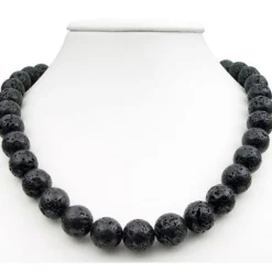 Breite Kette Halskette aus echter Lava mit Poren schwarz Ø 14mm 925 Silber 50cm
