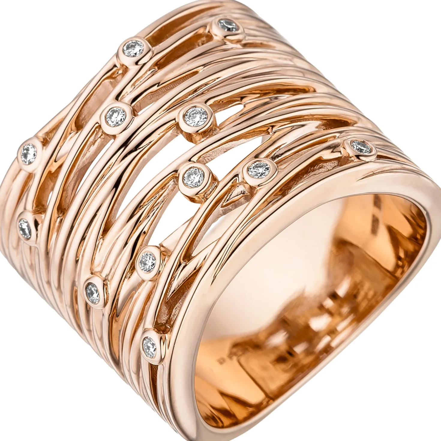 Breiter 18,5mm -Ring 12 Diamanten 0,14 Ct W/SI 585 Gold Rotgold