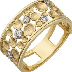 Breiter Ring 5 Brillanten 0.09Ct 585 Gelbgold kantig flach Tropfen-Muster