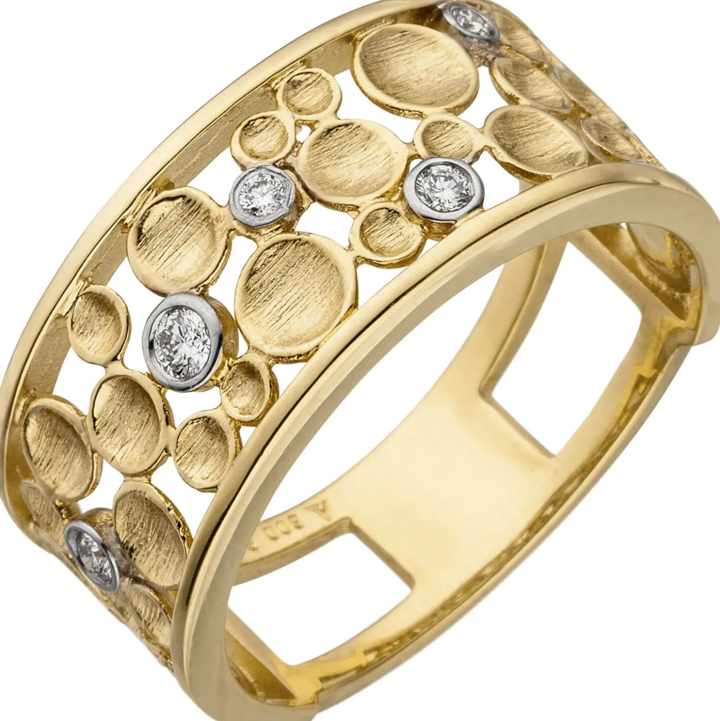 Breiter Ring 5 Brillanten 0.09Ct 585 Gelbgold kantig flach Tropfen-Muster