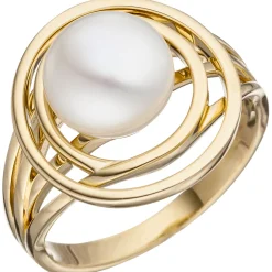 Breiter Ring Damenring mit Süßwasser Perle weiß, 585 Gold Gelbgold Goldring