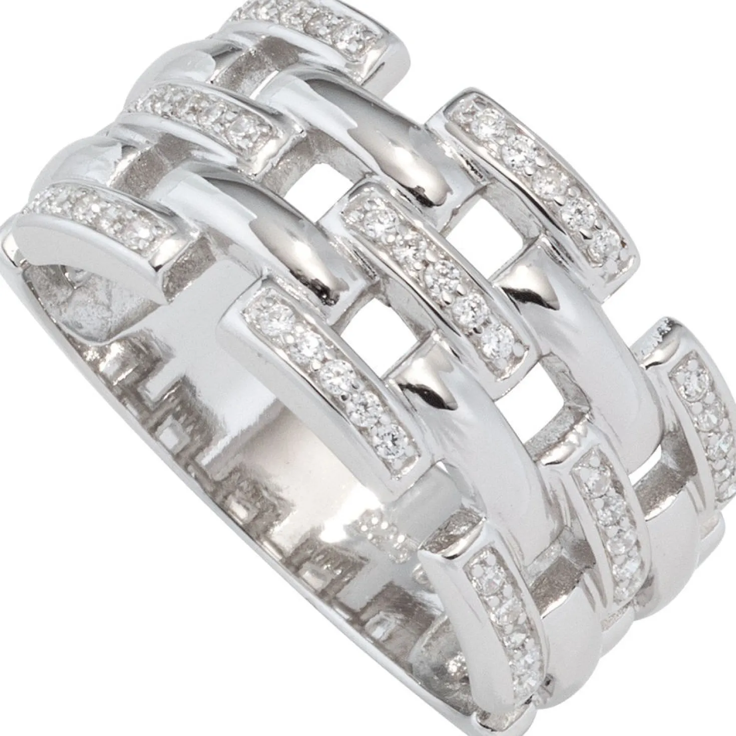 Breiter Ring Damenring mit Zirkonia weiß, 925 Silber rhodiniert, Silberring