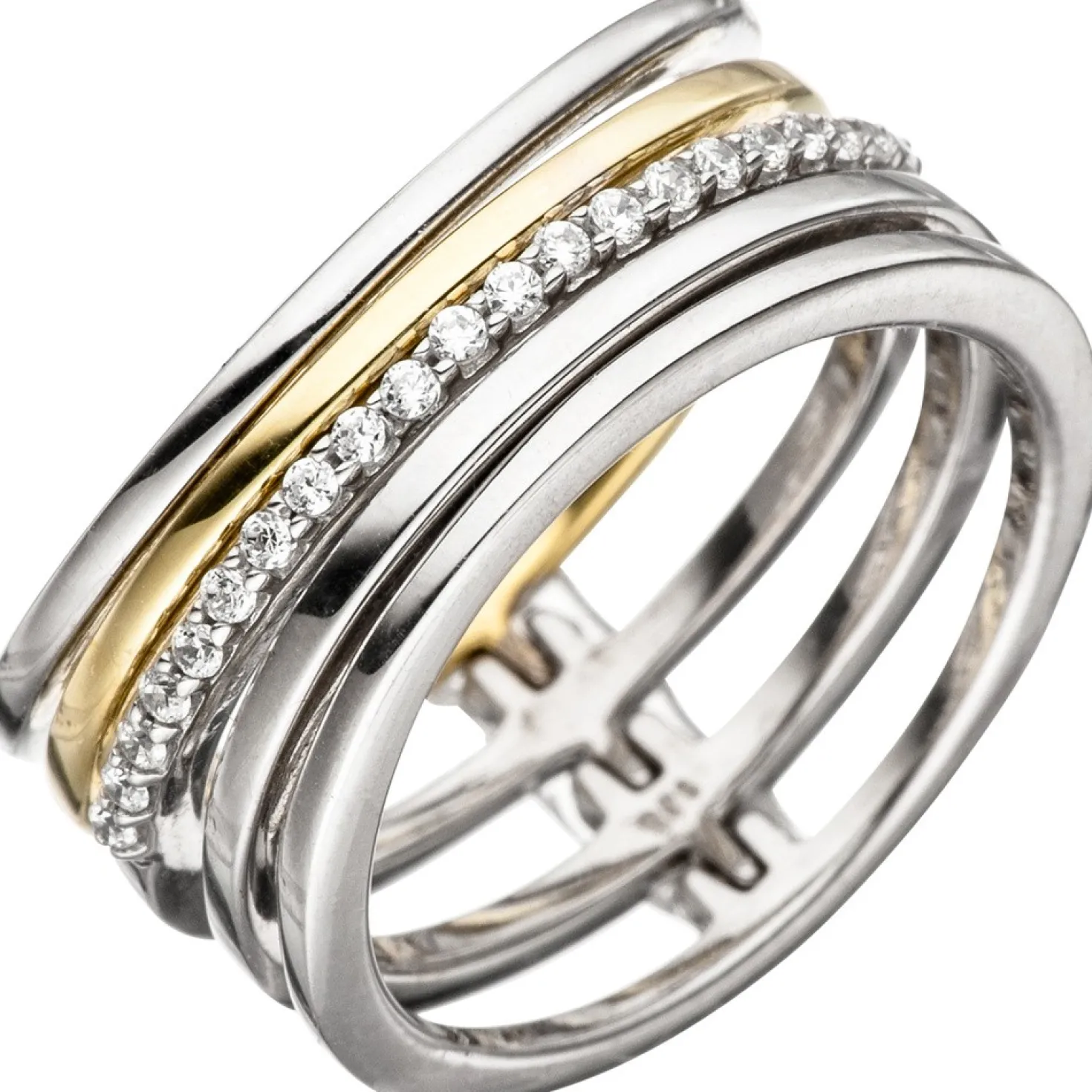 Breiter Ring Damenring 5-reihig mit Zirkonia weiß, 925 Silber teilvergoldet