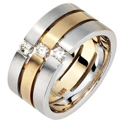 Breiter Ring 585 Gold mattiert 3 Diamanten 0.3Ct Brillanten Damen