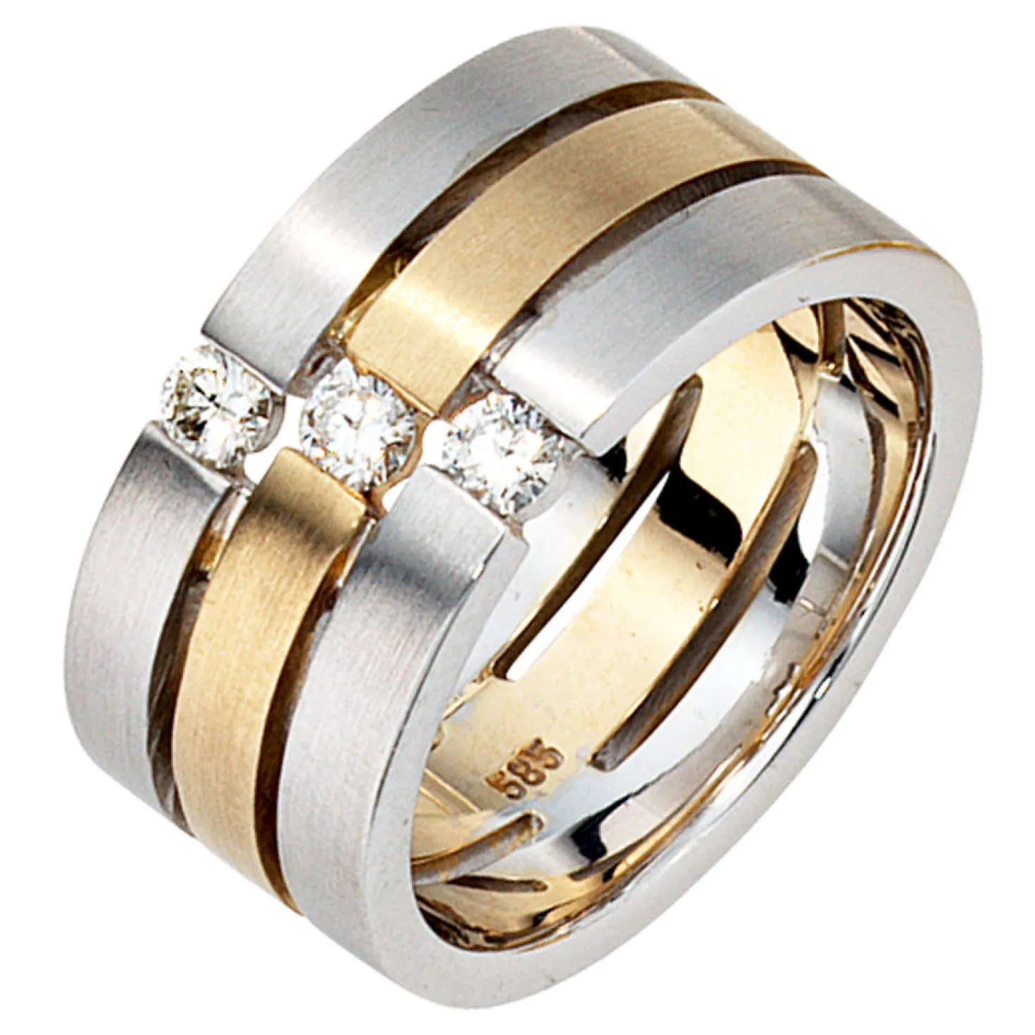 Breiter Ring 585 Gold mattiert 3 Diamanten 0.3Ct Brillanten Damen