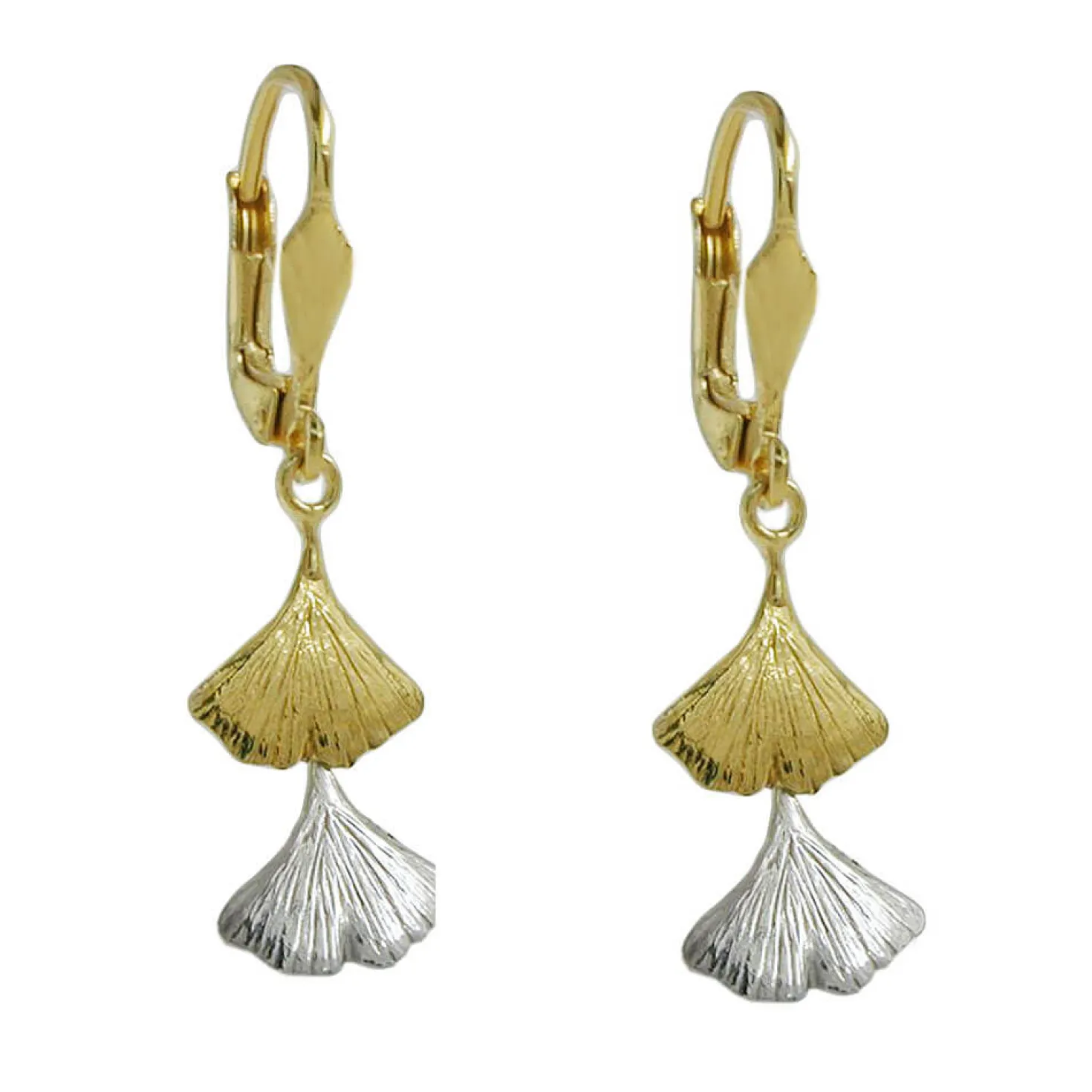 Brisur Ohrringe Ohrhänger 34x9mm Ginkgoblätter 375 Gold Gelbgold Weißgold