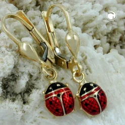 Brisur Ohrringe Ohrhänger 24x6mm Marienkäfer rot-schwarz 375 Gold Gelbgold