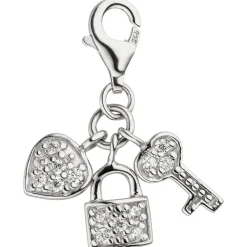 Charm Schloss mit Schlüssel zum Herzen 925 Silber 14 Zirkonia Anhänger 10x11,4mm