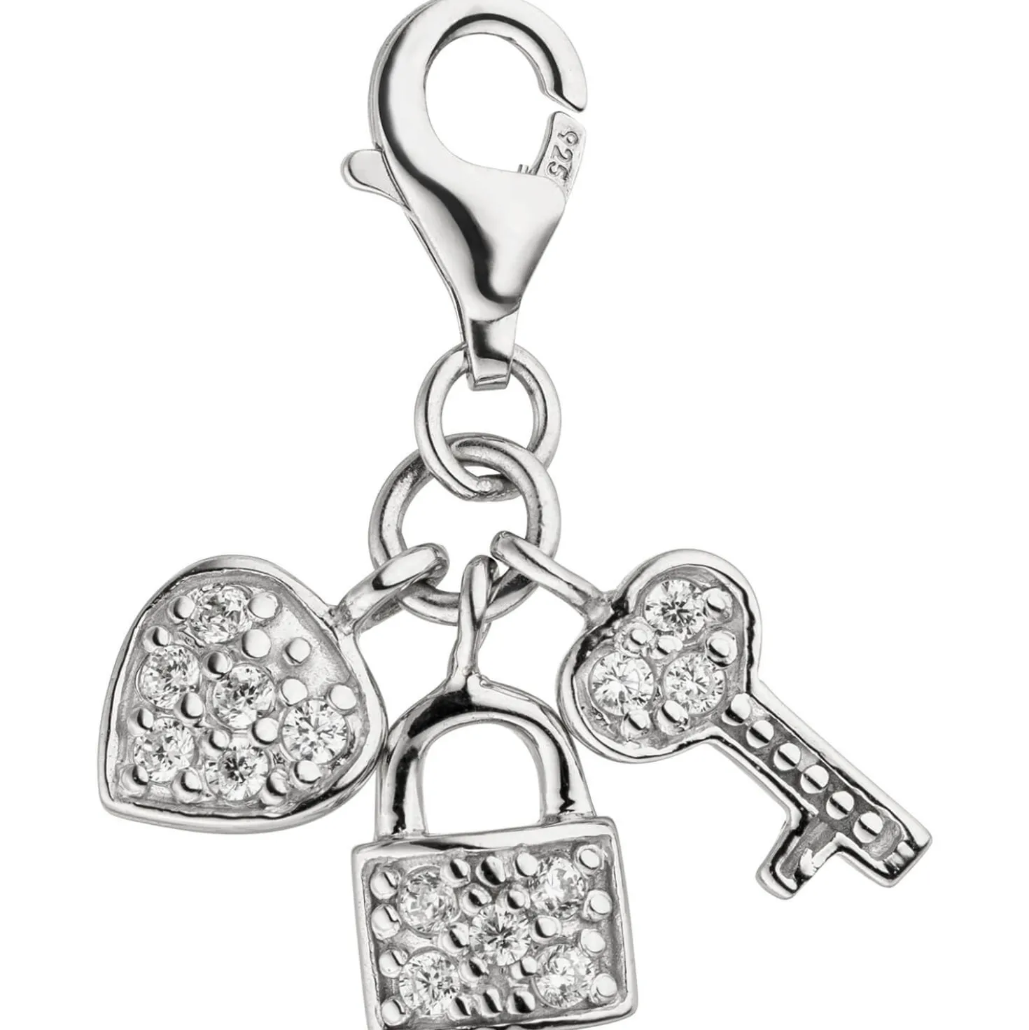 Charm Schloss mit Schlüssel zum Herzen 925 Silber 14 Zirkonia Anhänger 10x11,4mm