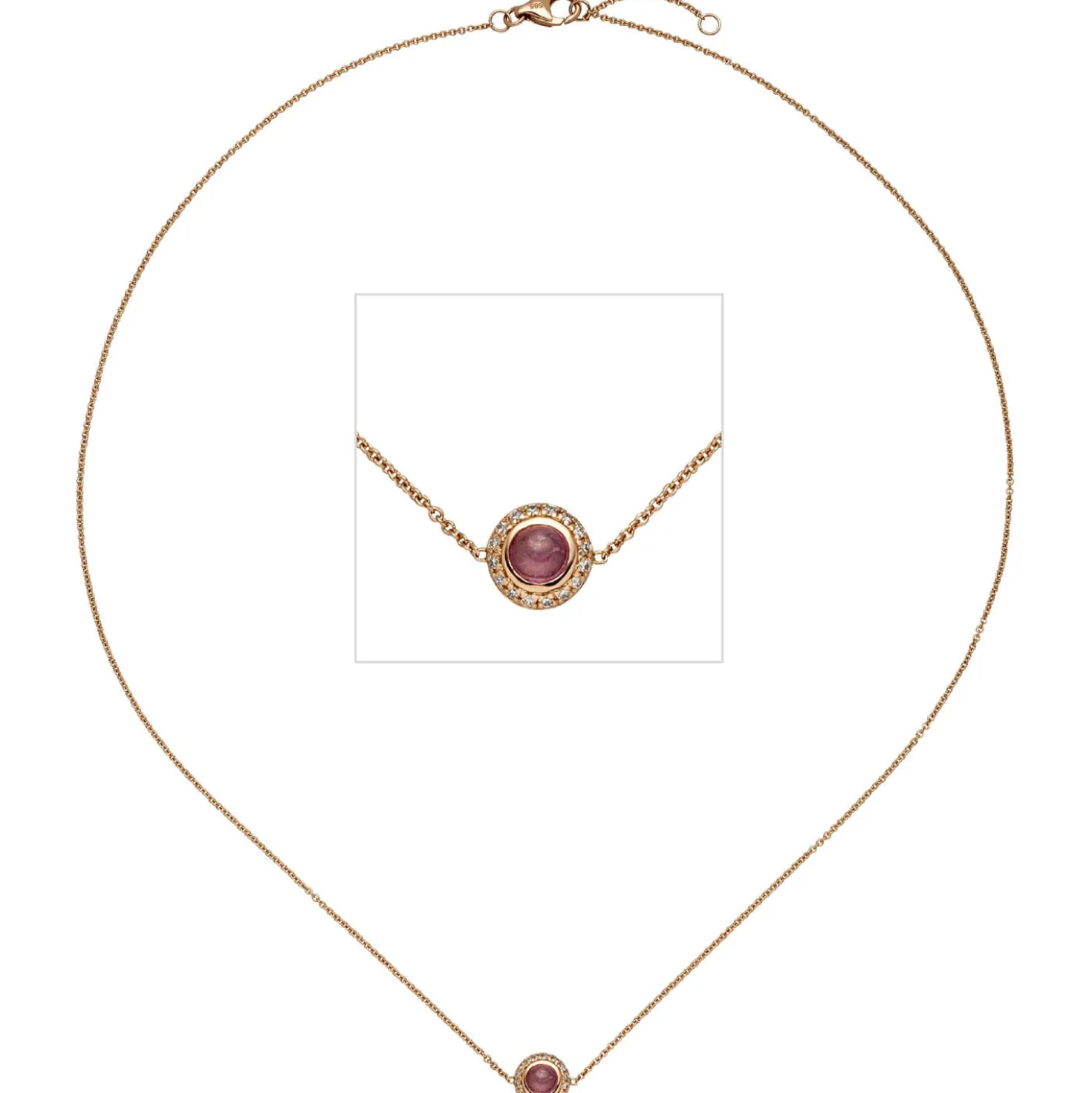 Collier Ankerkette mit Turmalin-Cabochon 16 Diamanten 0.05Ct 585 Rotgold
