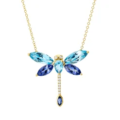 Collier aus 750 Gelbgold 6 Tansanite 4,2ct blau 9 Brillanten 0,06ct TW-SI L:43,2cm