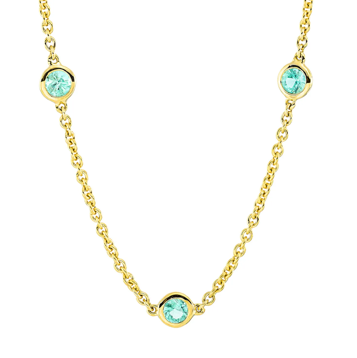 Collier aus 750 Gold Gelbgold 13 Smaragde 1,3ct grün L:45cm Zarge