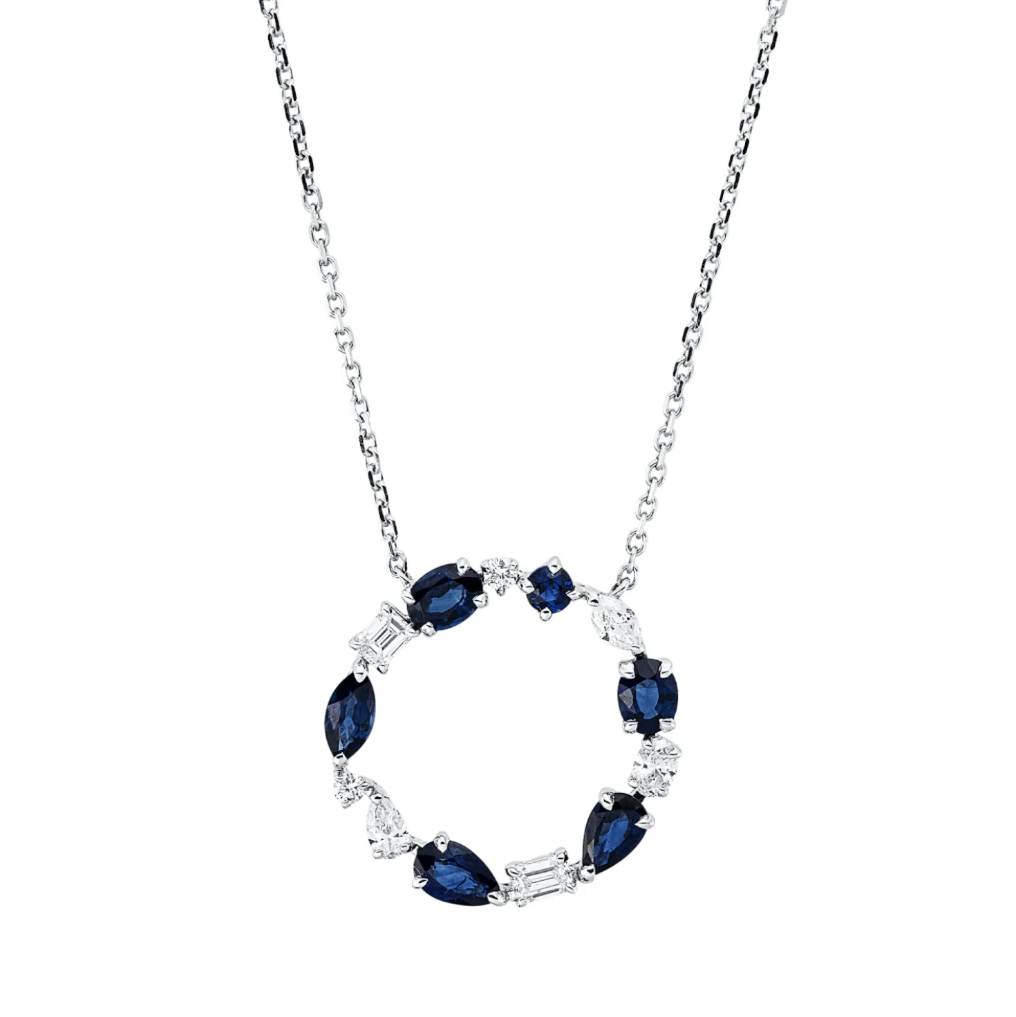Collier aus 750 Gold Weißgold 6 Saphire 1,22ct blau mit Diamanten L:45cm