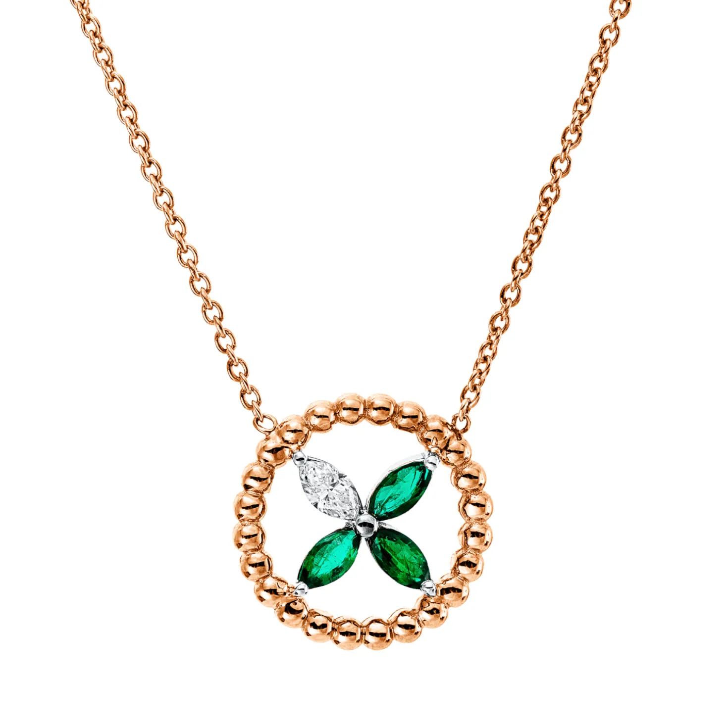 Collier aus 750 Gold weiß/rot 3 Smaragde 0,29ct grün mit Diamant L:43,2cm