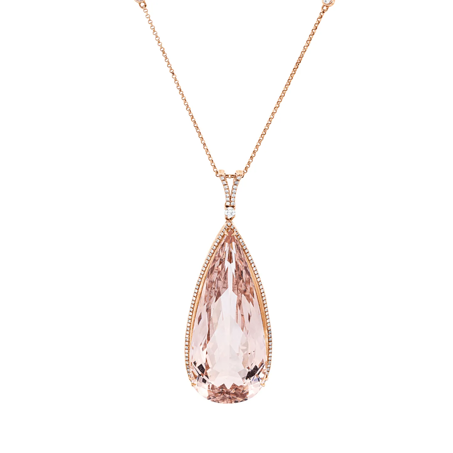 Collier aus 585 Rotgold Morganit 70,1ct rosé 125 Brillanten 0,62ct TW-SI L:46cm