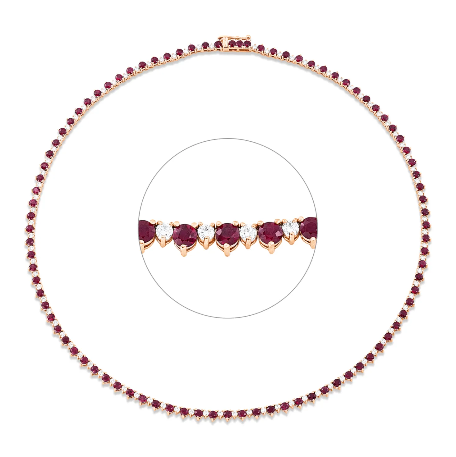 Collier aus 585 Rotgold 90 Rubine 9,48ct rot 87 Brillanten 2,53ct TW-SI L:43,2cm