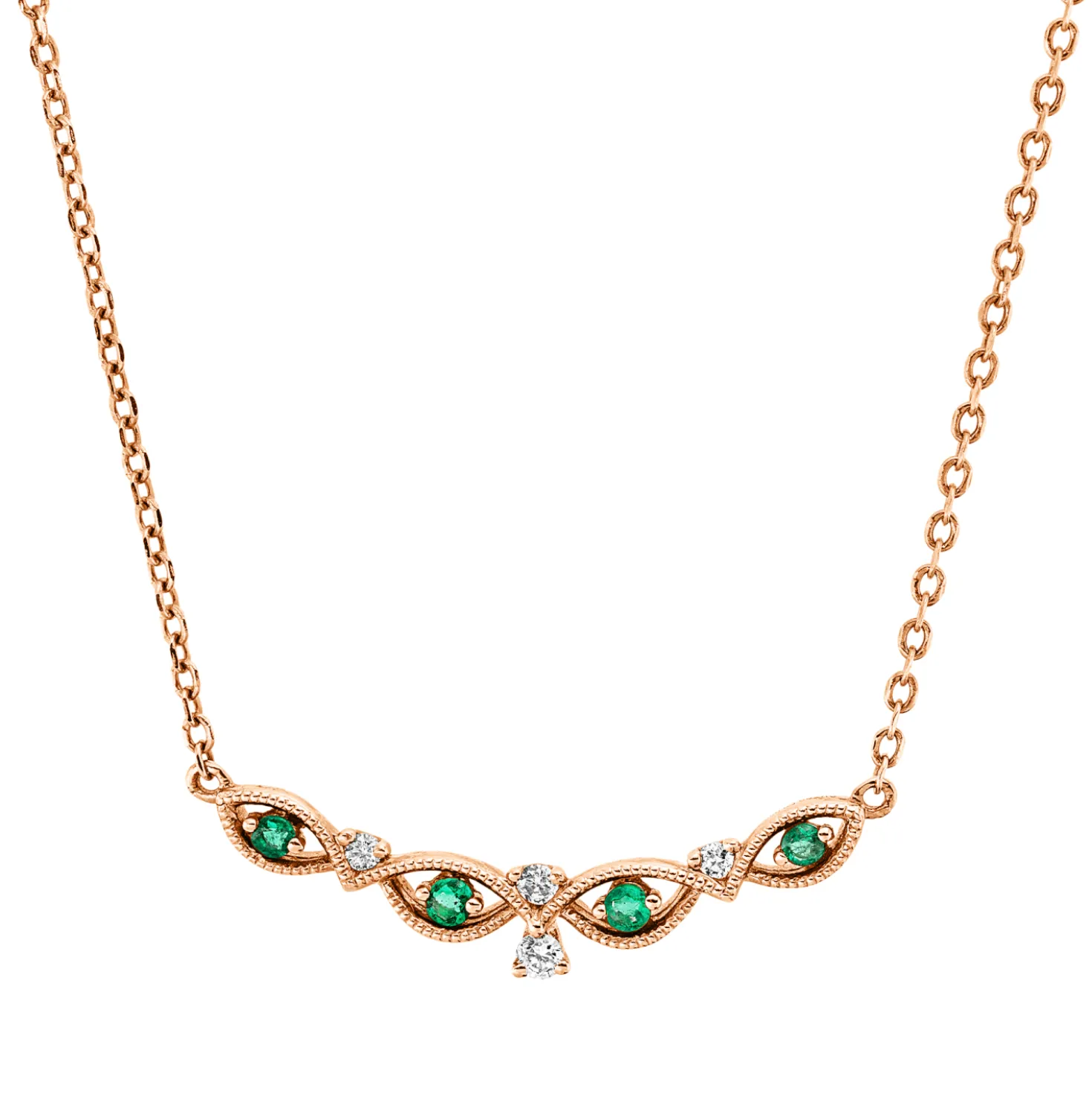 Collier aus 750 Rotgold 4 Smaragde 0,06ct grün 4 Brillanten 0,05ct TW-SI L:45cm