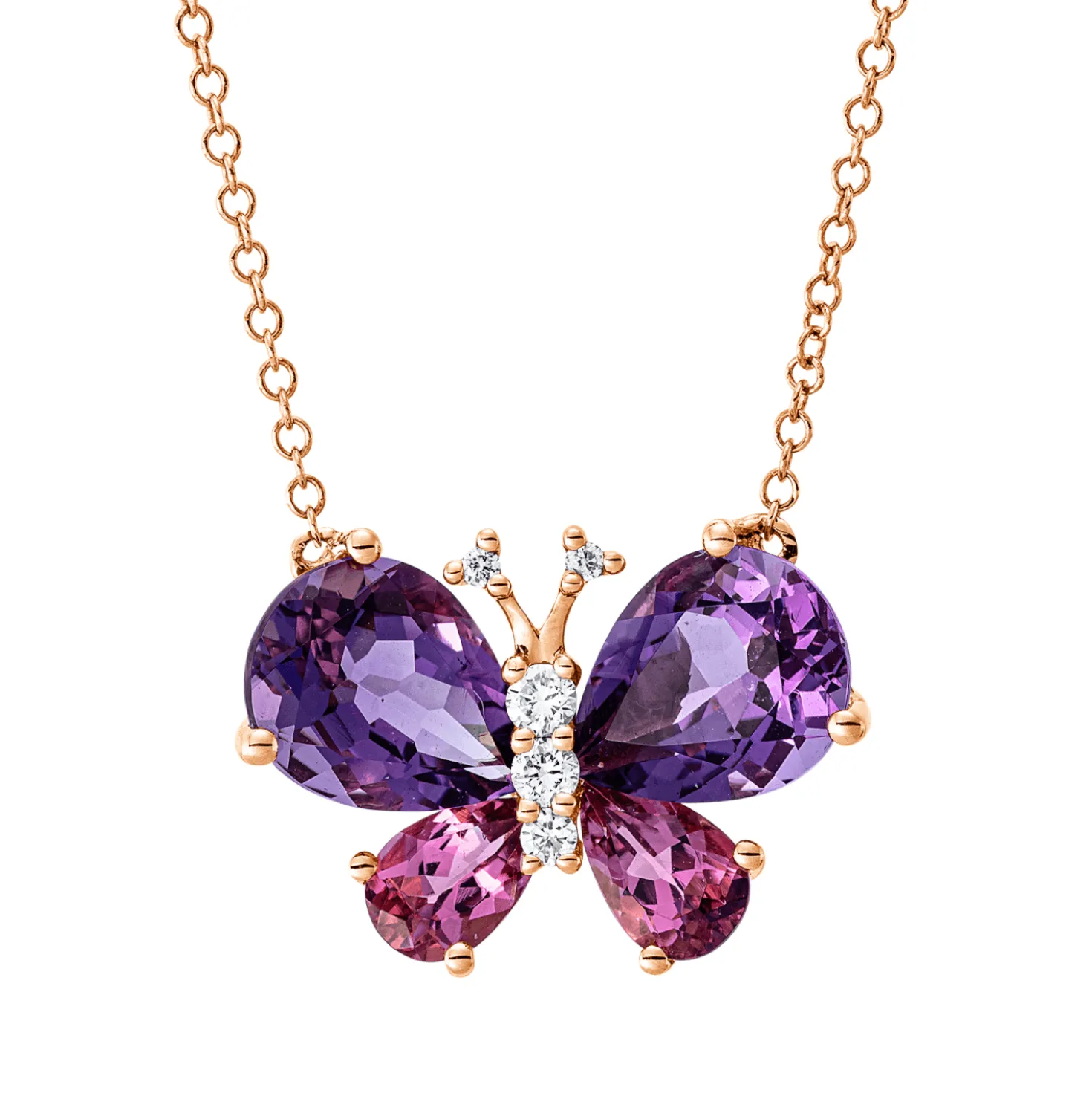 Collier aus 750 Rotgold 4 Turmaline 4ct pink 5 Brillanten 0,1ct TW-SI L:43,2cm
