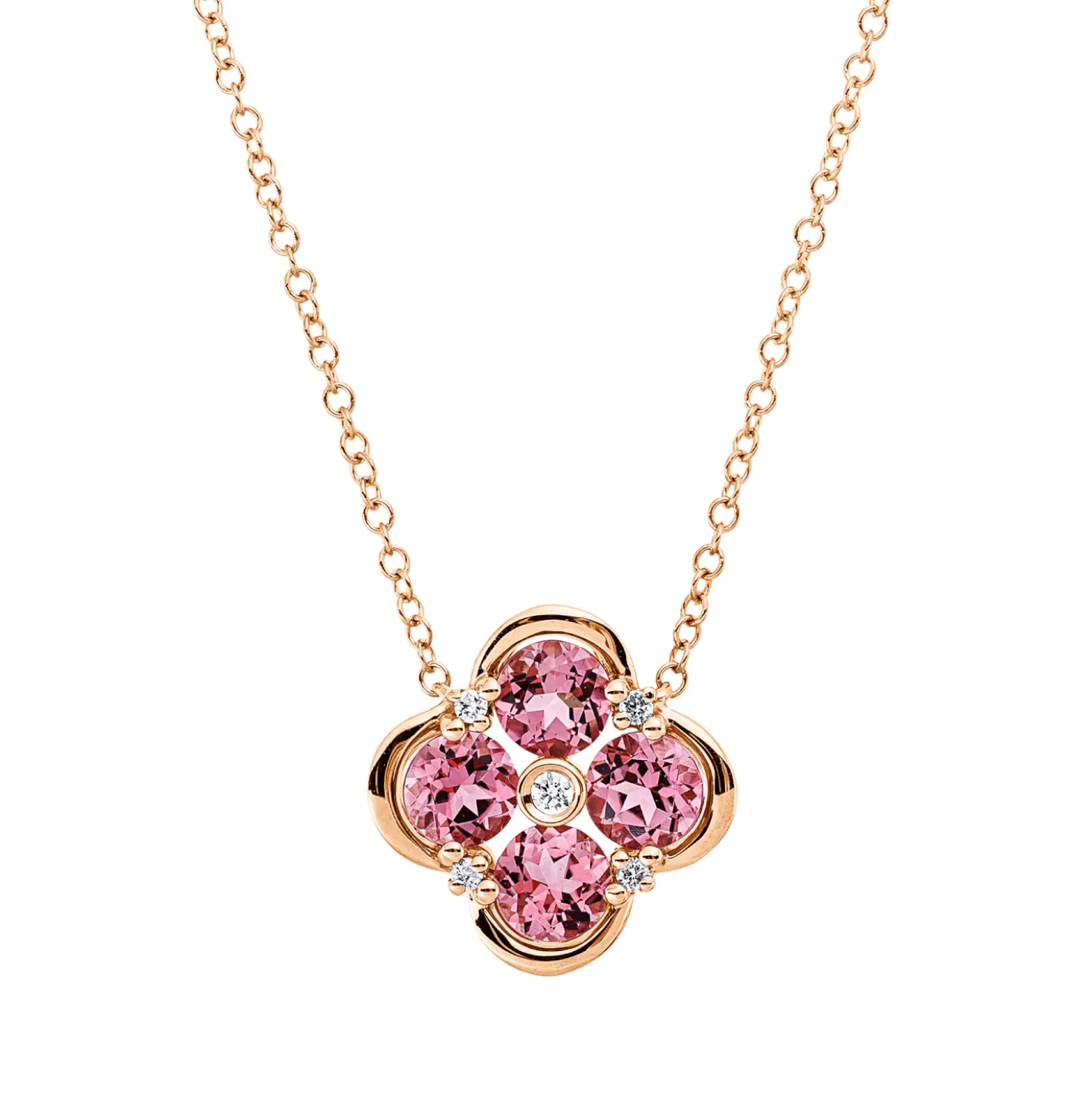 Collier aus 750 Rotgold 4 Turmaline 1,1ct pink 5 Brillanten 0,05ct TW-SI L:43,2cm
