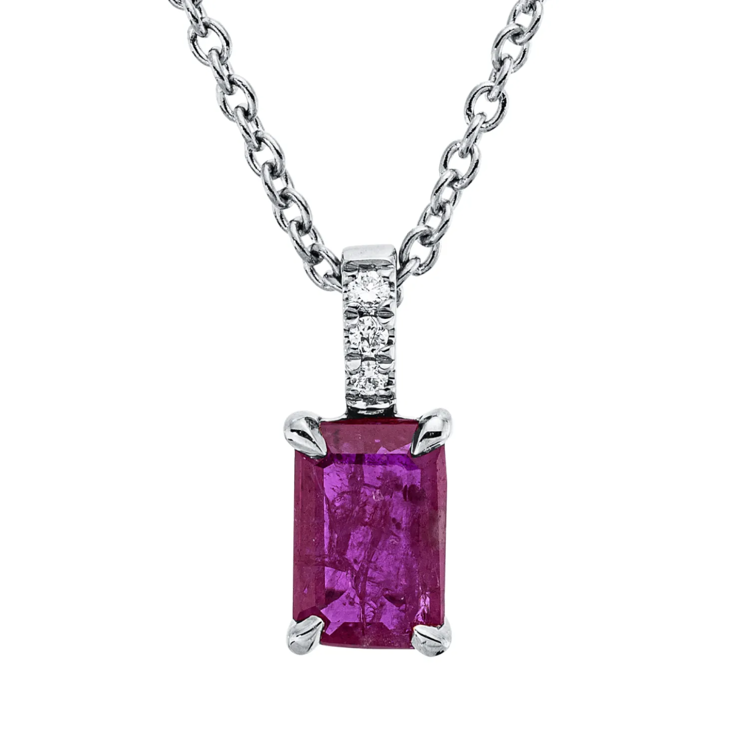 Collier aus 750 Weißgold Rubin 0,71ct rot 3 Brillanten 0,02ct TW-SI L:45cm