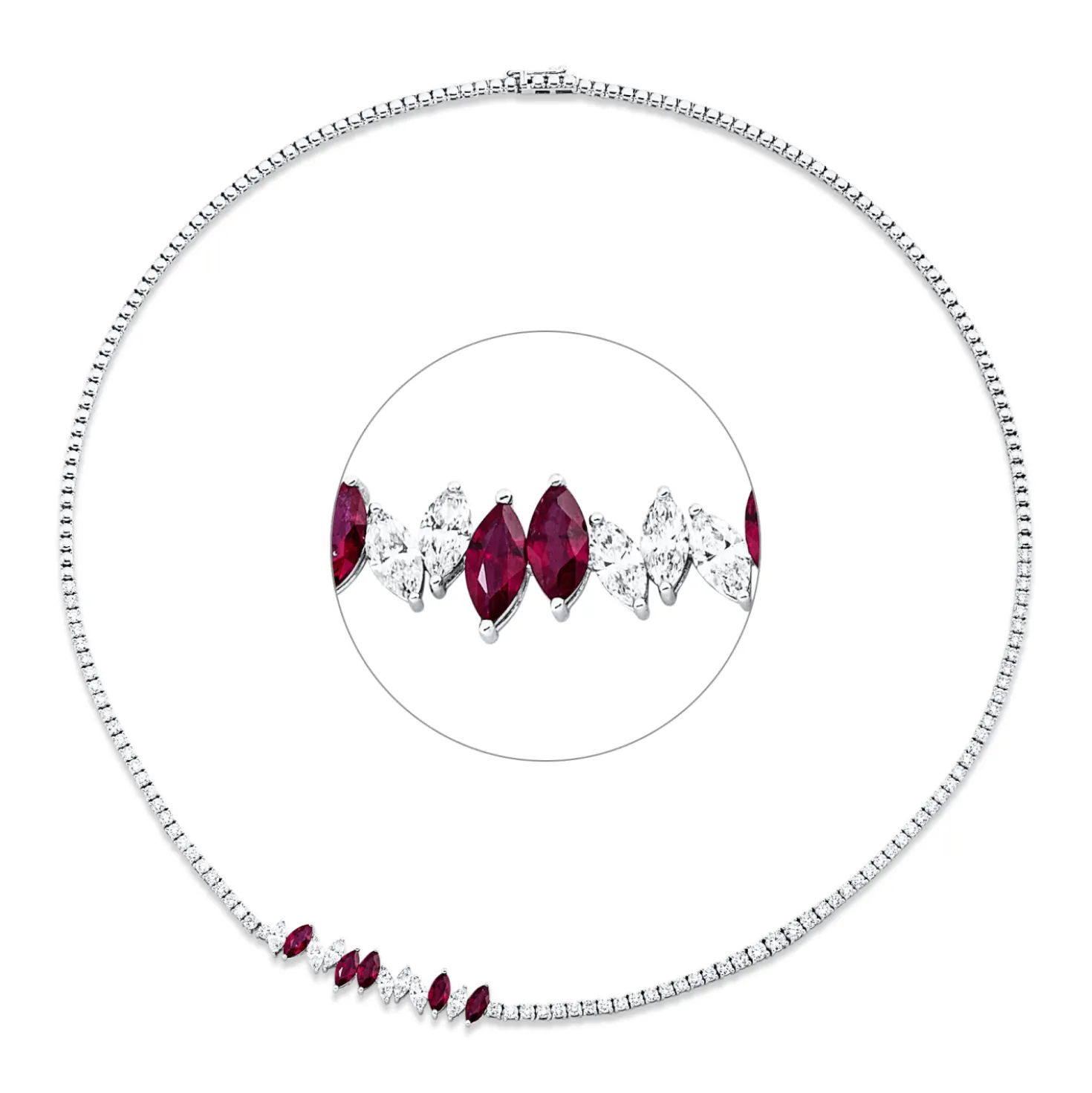 Collier aus 750 Weißgold 5 Rubine 1,21ct rot 86 Diamanten 3,19ct F-VSI L:43,2cm
