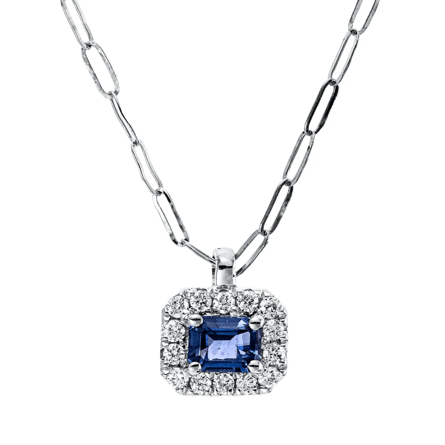 Collier aus 750 Weißgold Saphir 0,26ct blau 14 Brillanten 0,09ct TW-SI L:45,7cm
