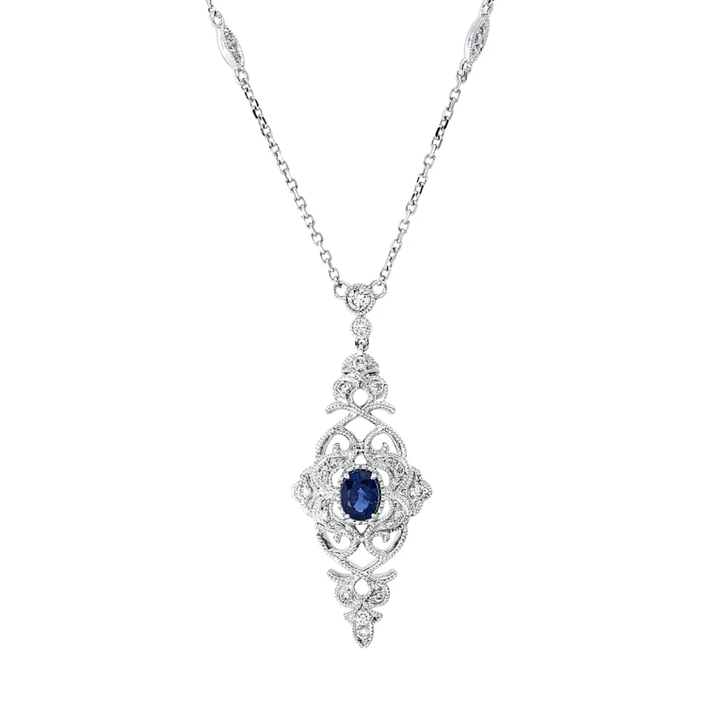 Collier aus 750 Weißgold Saphir 0,32ct blau 31 Brillanten 0,2ct TW-SI L:45,7cm