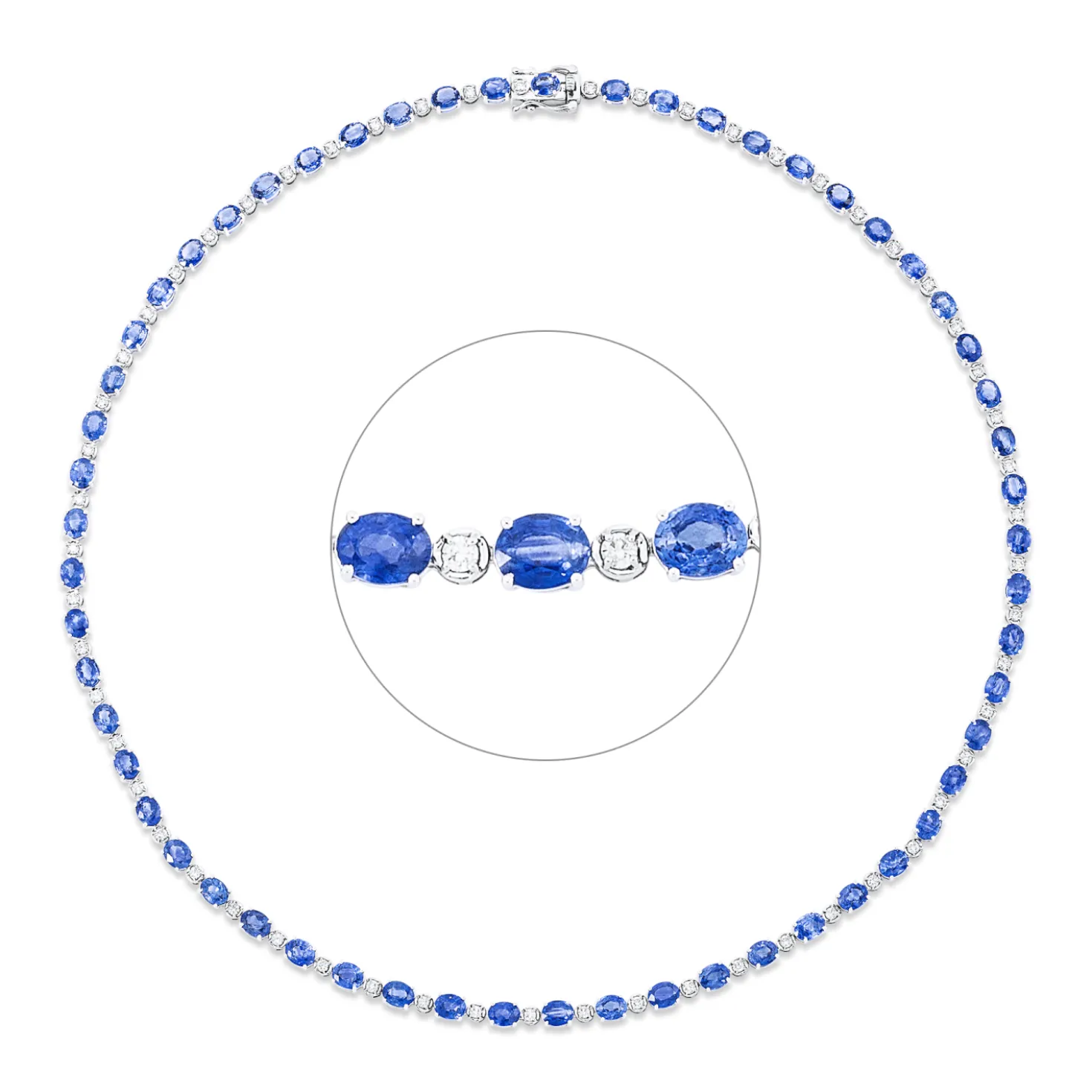 Collier aus 750 Weißgold 57 Saphire 18,56ct blau 57 Brillanten 1,17ct F-SI L:43cm
