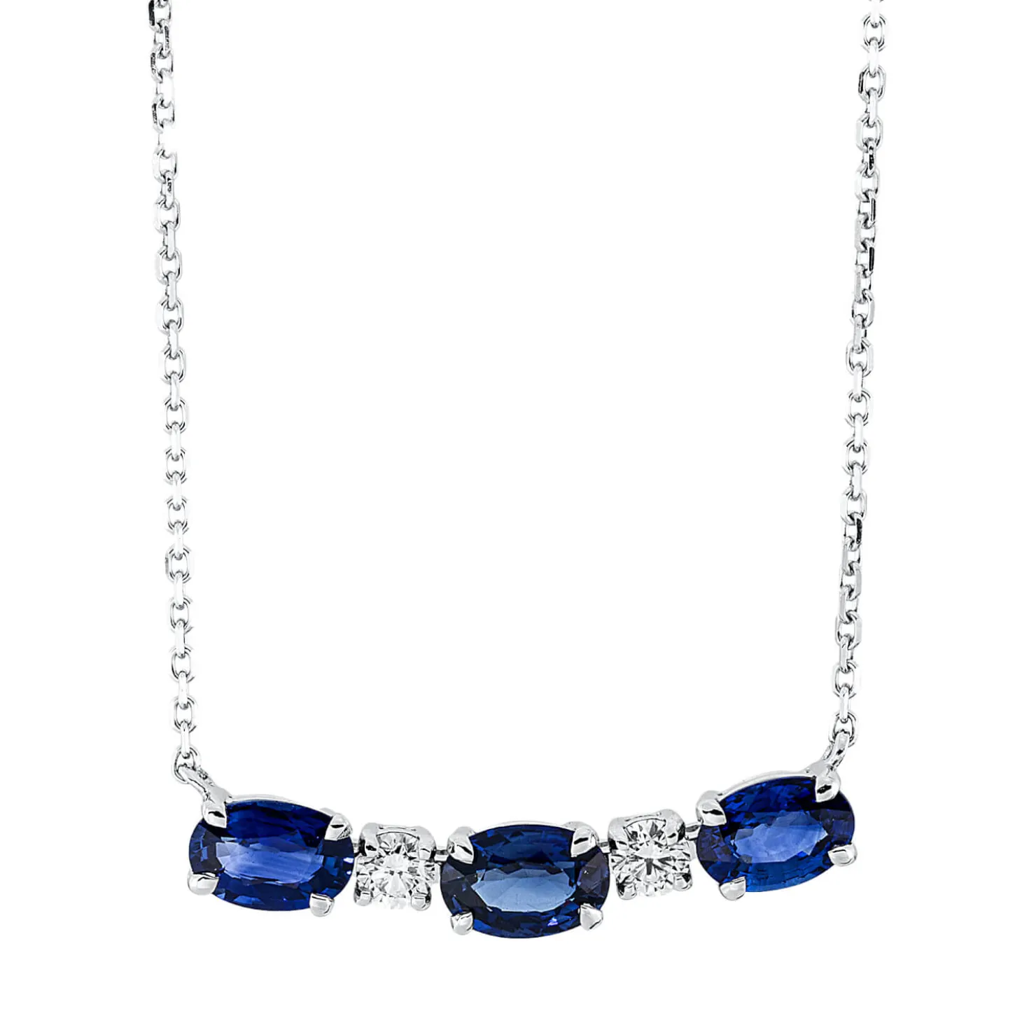 Collier aus 750 Weißgold 3 Saphire 1,68ct blau 2 Brillanten 0,18ct TW-SI L:45cm