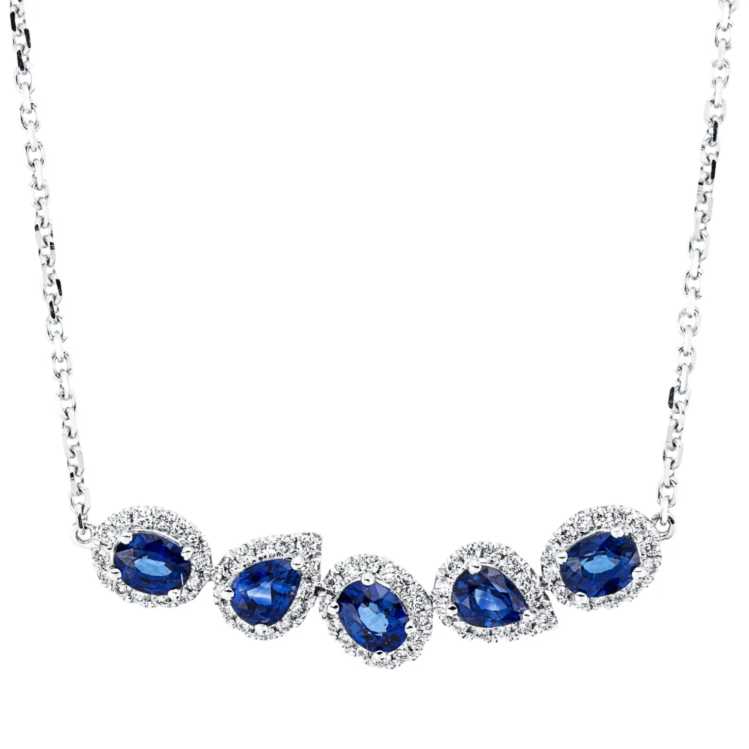 Collier aus 750 Weißgold 5 Saphire 1,06ct blau 68 Brillanten 0,24ct TW-SI L:43,2cm