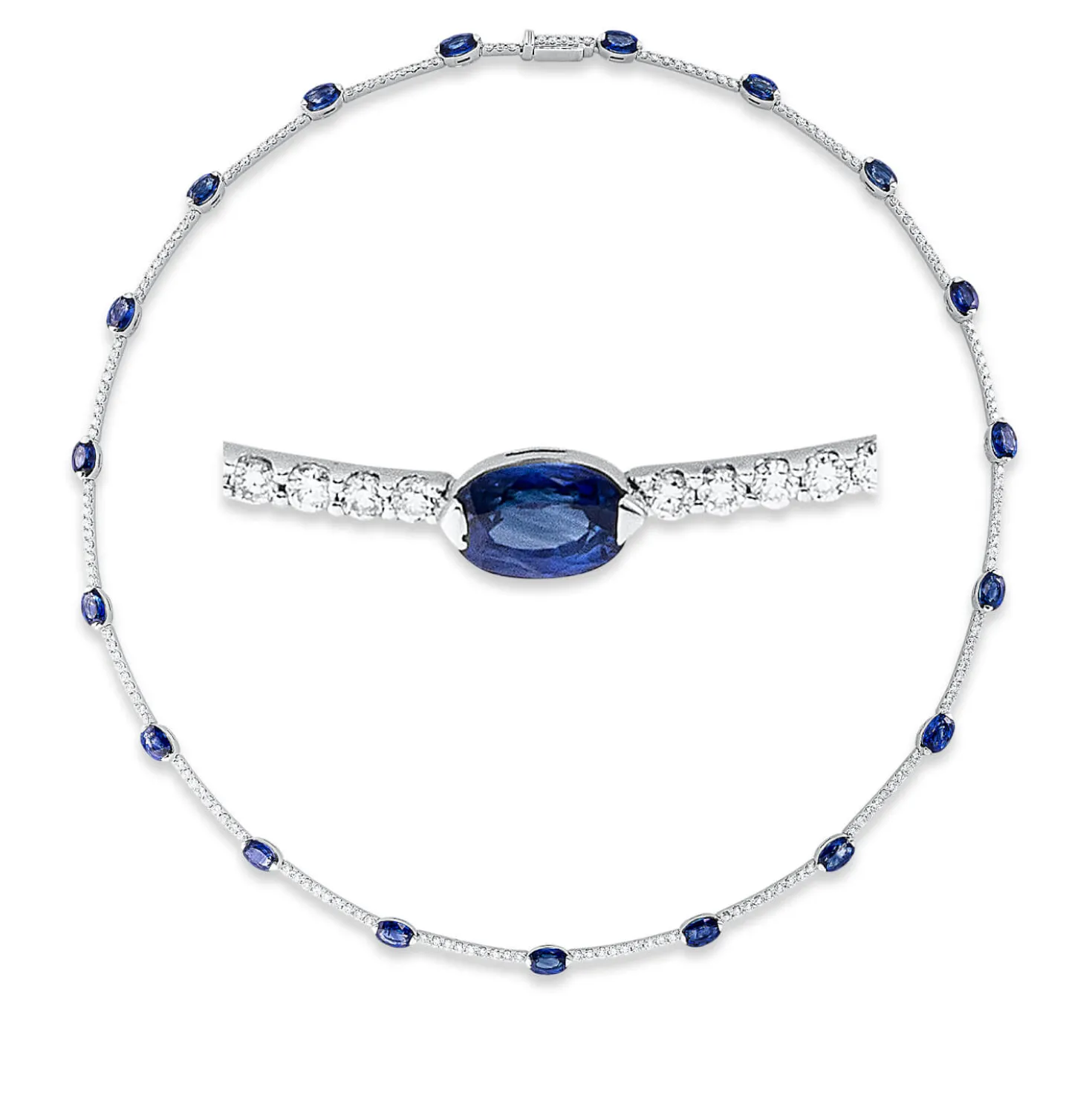 Collier aus 750 Weißgold 19 Saphire 10,67ct blau 170 Brillanten 3,09ct TW-VSI/SI