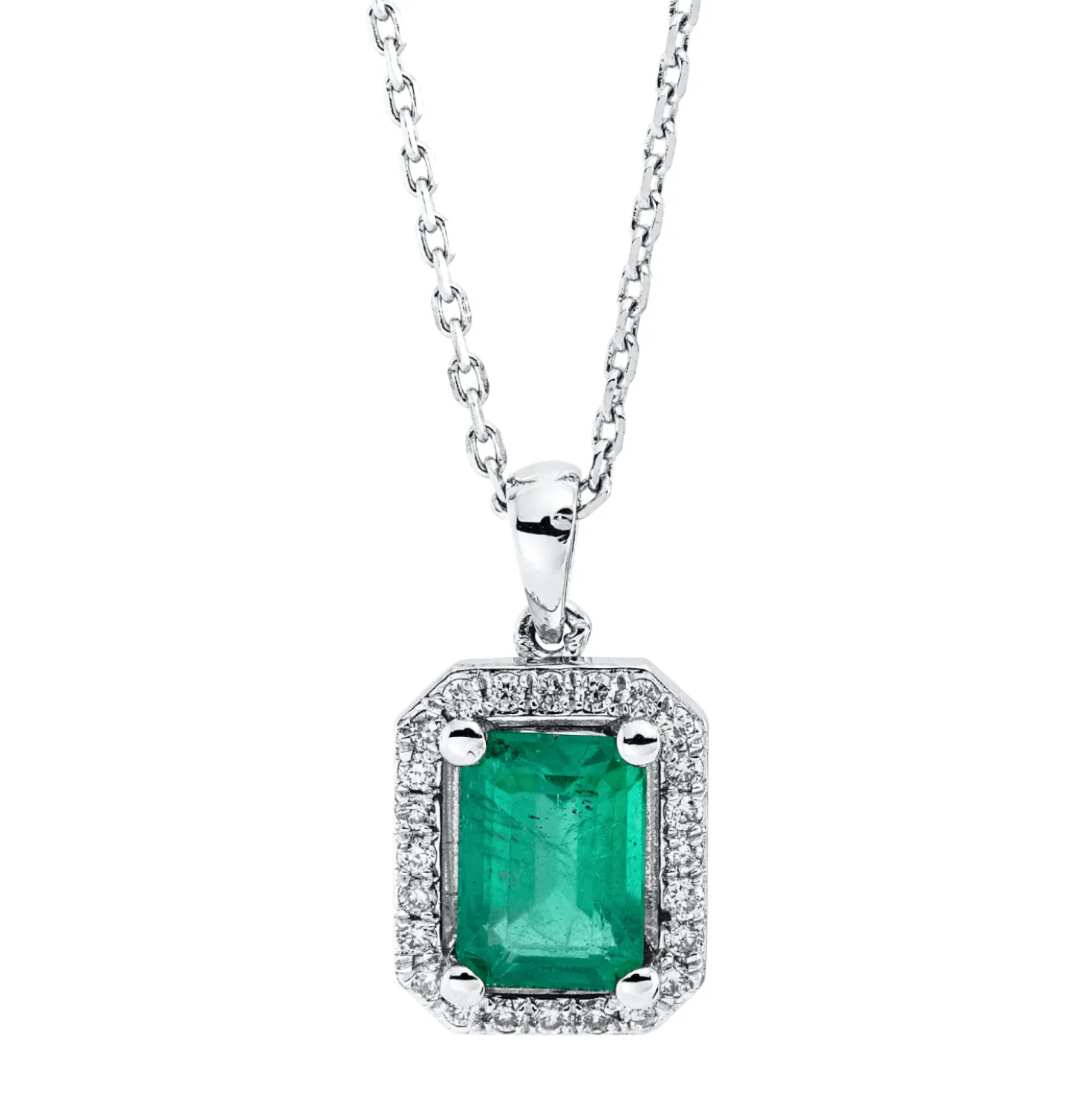 Collier aus 750 Weißgold Smaragd 0,95ct grün 24 Brillanten 0,12ct F-SI L:45,7cm