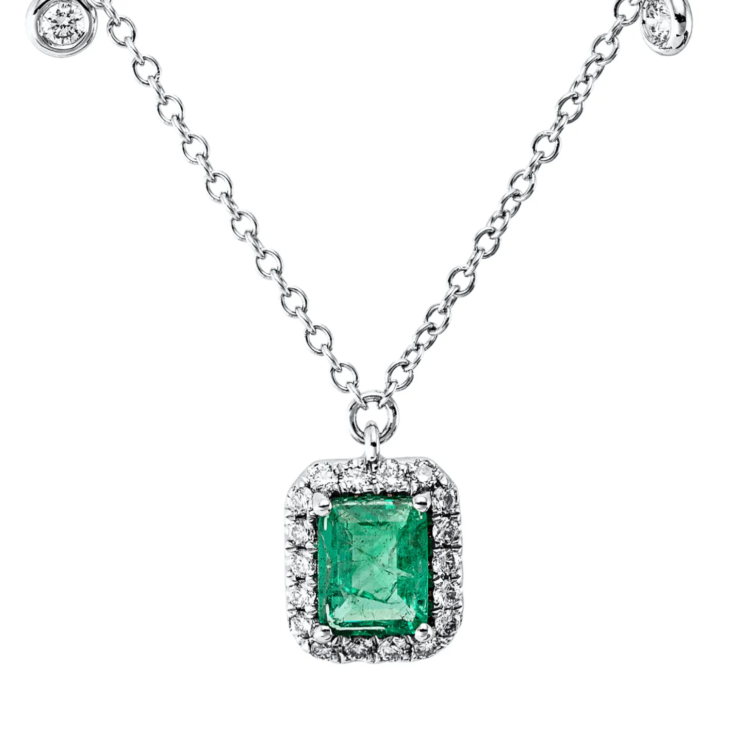 Collier aus 750 Weißgold Smaragd 0,4ct grün 22 Brillanten 0,17ct I L:46cm