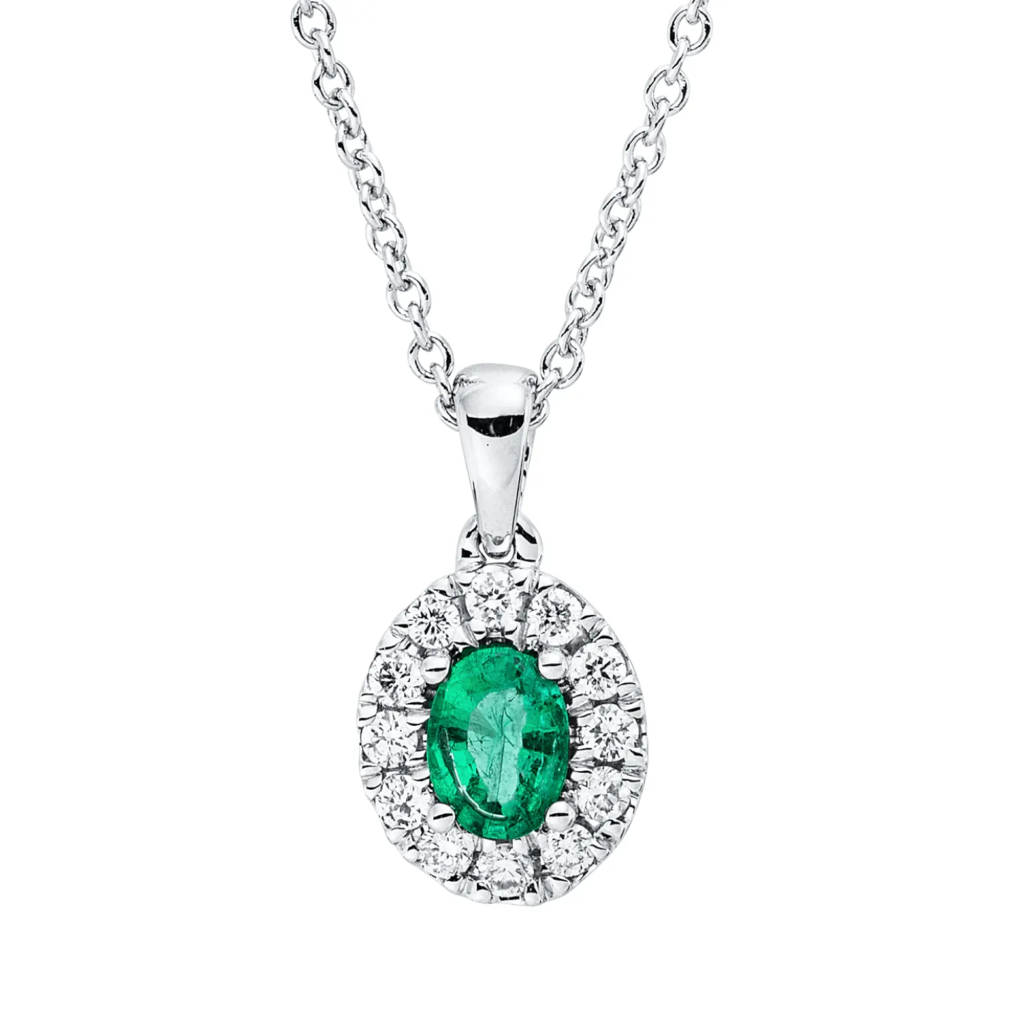 Collier aus 750 Weißgold Smaragd 0,12ct grün 12 Brillanten 0,09ct TW-VSI L:45cm