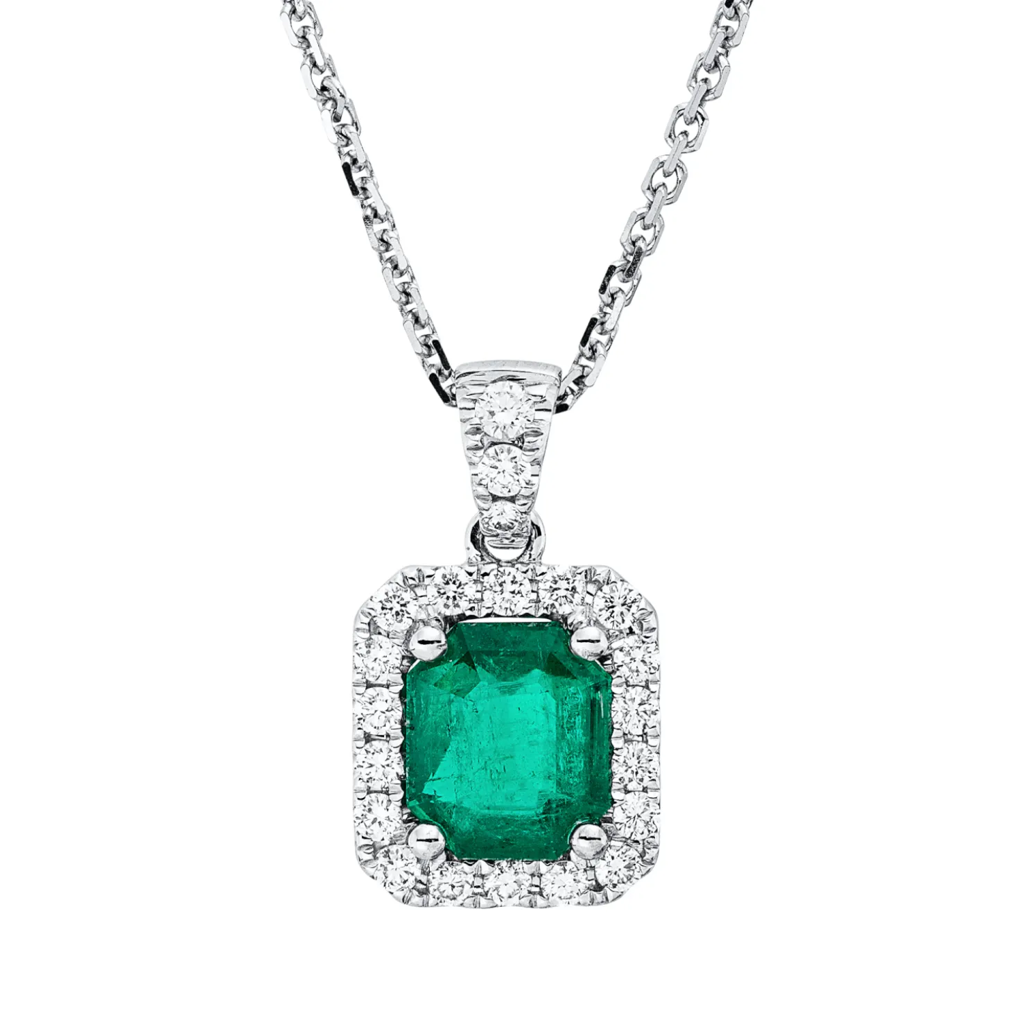 Collier aus 750 Weißgold Smaragd 0,89ct grün 21 Brillanten 0,24ct TW-VSI L:45cm
