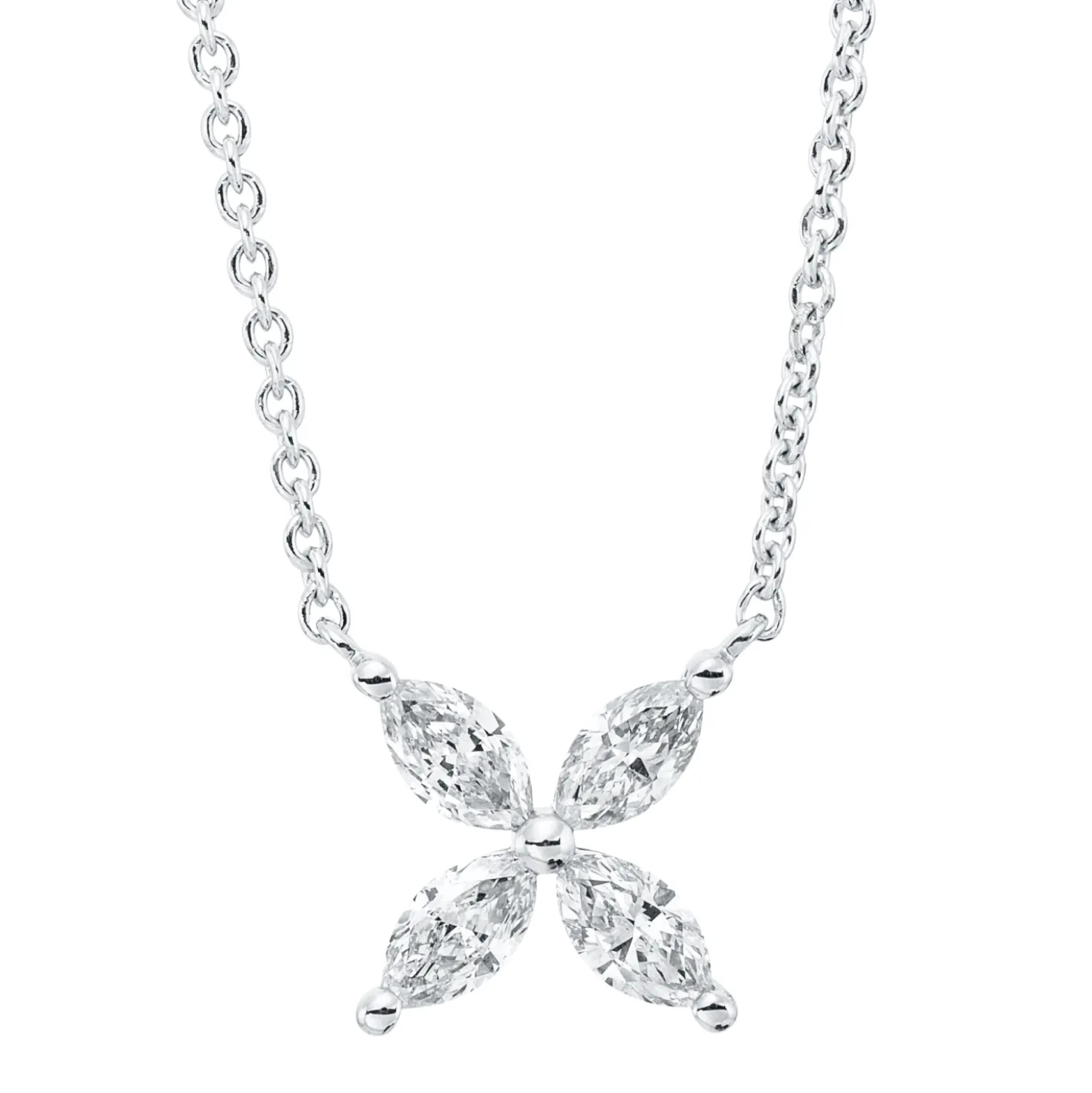 Collier Blume aus 750 Weißgold 4 Diamanten Navette-Schliff 0,41ct TW-SI L:45,7cm