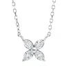 Collier Blume aus 750 Weißgold 4 Diamanten Navette-Schliff 0,2ct TW-SI L:45cm