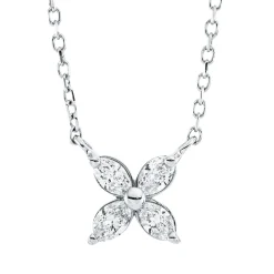 Collier Blume aus 750 Weißgold 4 Diamanten Navette-Schliff 0,2ct TW-SI L:45cm